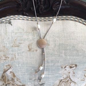 Fun long gray leather necklace. LIKE NEW.